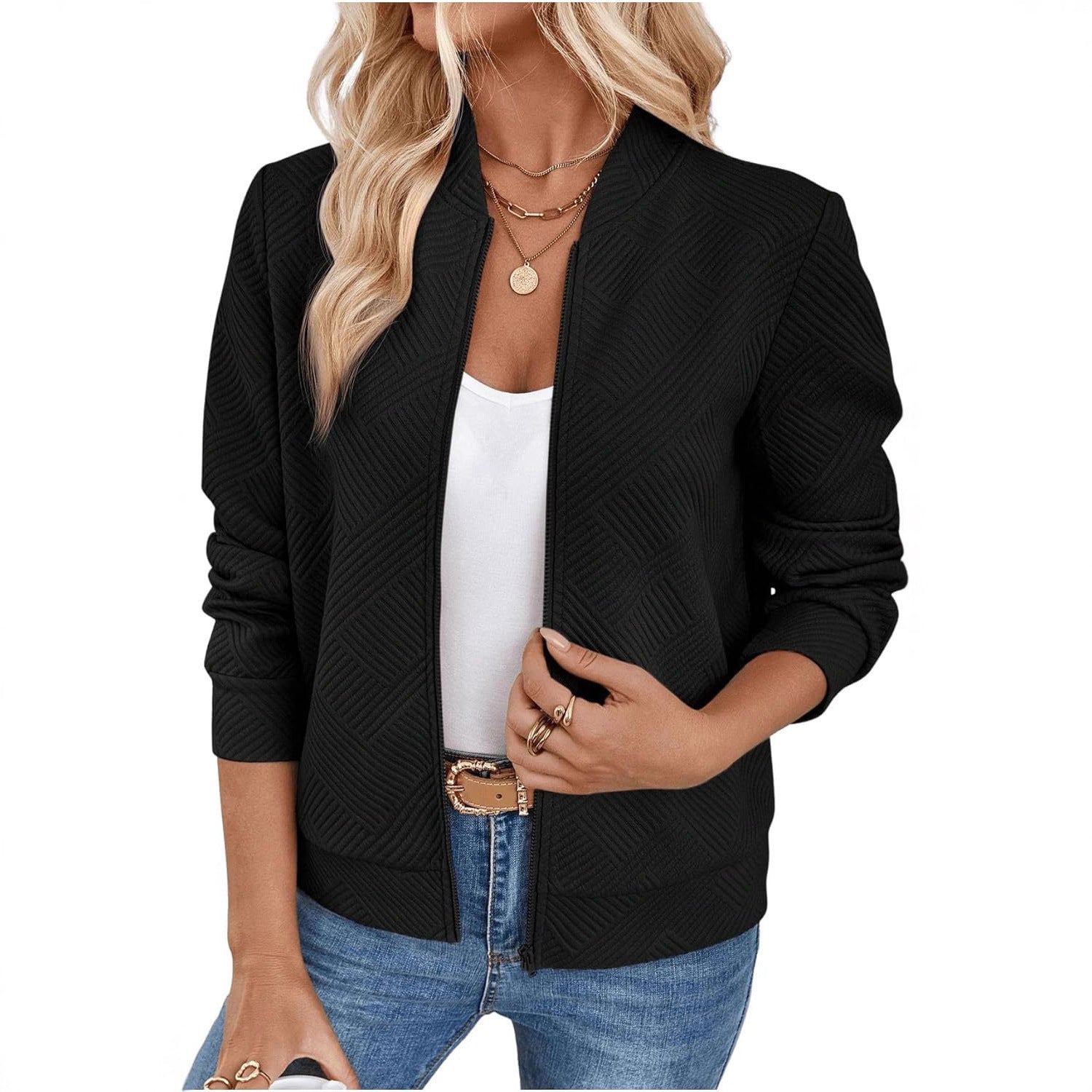 Womens Textured Zip-Up Bomber Jacket Casual Outerwear